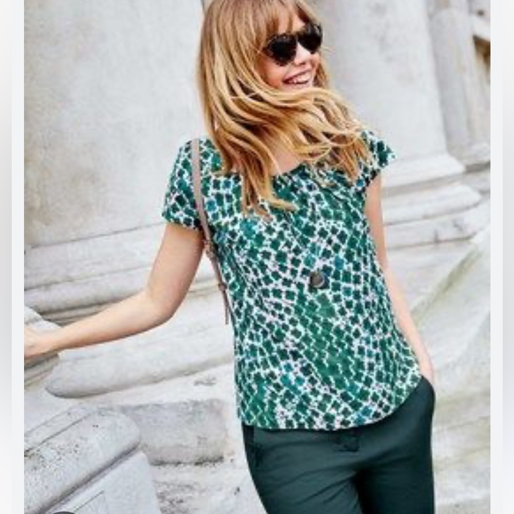 Boden Green White Ravello Polka Dot Cap Sleeve Keyhole Silk Blend Blouse size 6